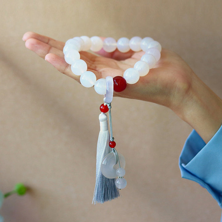 Buddha Stones Witte agaat, rode agaat, Pols Mala met kwastjes, Mala, autodecoratie - image 5