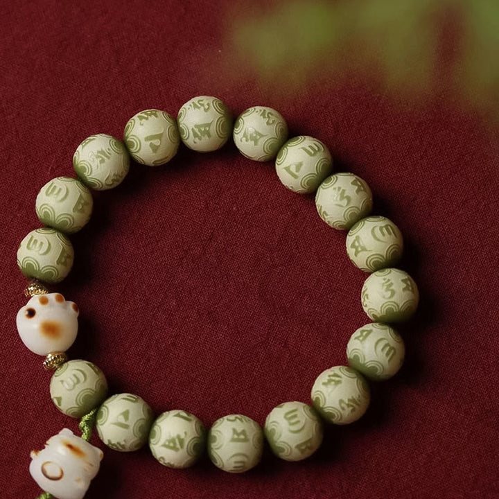 Buddha Stones Groene Bodhizaad Kattenpoot Om Mani Padme Hum Gegraveerde Armband - image 8