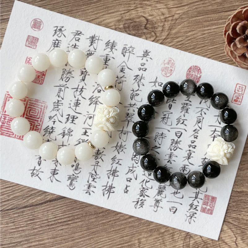 Buddha Stones Zilveren Obsidiaan Bodhizaad Ivoor Fruit Dansende Leeuw Armband - image 8