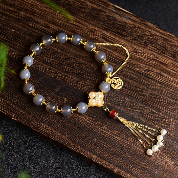 Buddha Stones Natuurlijke grijze agaat Fu karakter parel kwastje Armband - Grijze agaat (Focus♥Positiviteit) - image 0