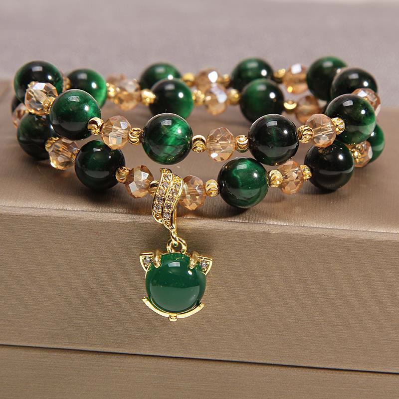 Buddha Stones Tijgeroog PiXiu Vos Geldzak Bescherming Zelfvertrouwen Dubbele Armband - Groene tijgeroog &amp; vos - image 11