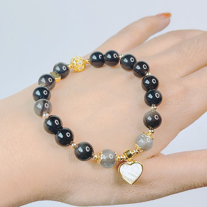Buddha Stones Armband van obsidiaan met natuurlijke zilverglans, hart, ster en bloem. - image 4