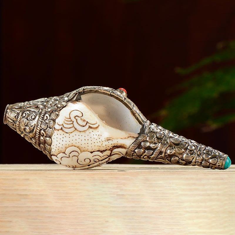 Tibetaanse handgemaakte gegraveerde Shankha Boeddha schelp decoratie, symbool voor welvaart en positiviteit. - image 18