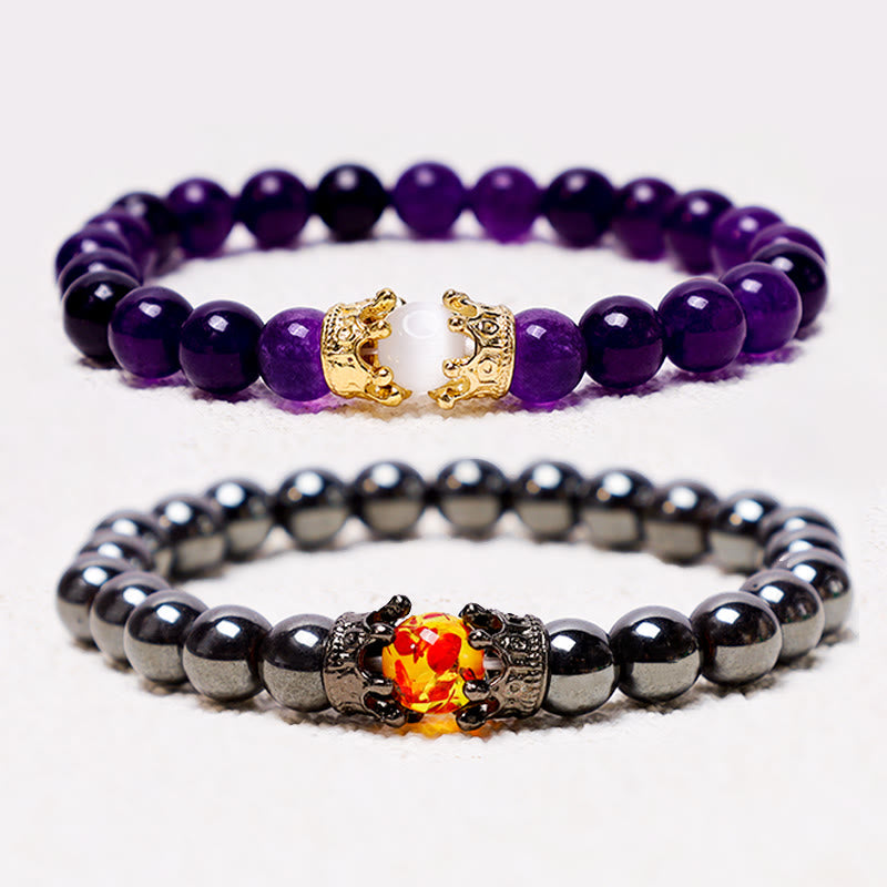 Buddha Stones Armband voor stellen met helende energiekralen in de vorm van een konings- en koninginnenkroon van natuursteen. - image 1
