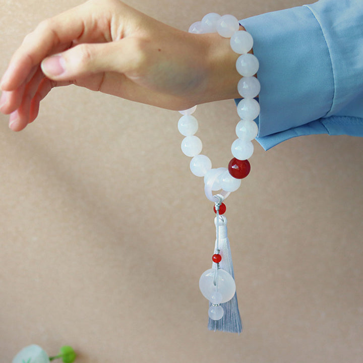 Buddha Stones Witte agaat, rode agaat, Pols Mala met kwastjes, Mala, autodecoratie - image 4