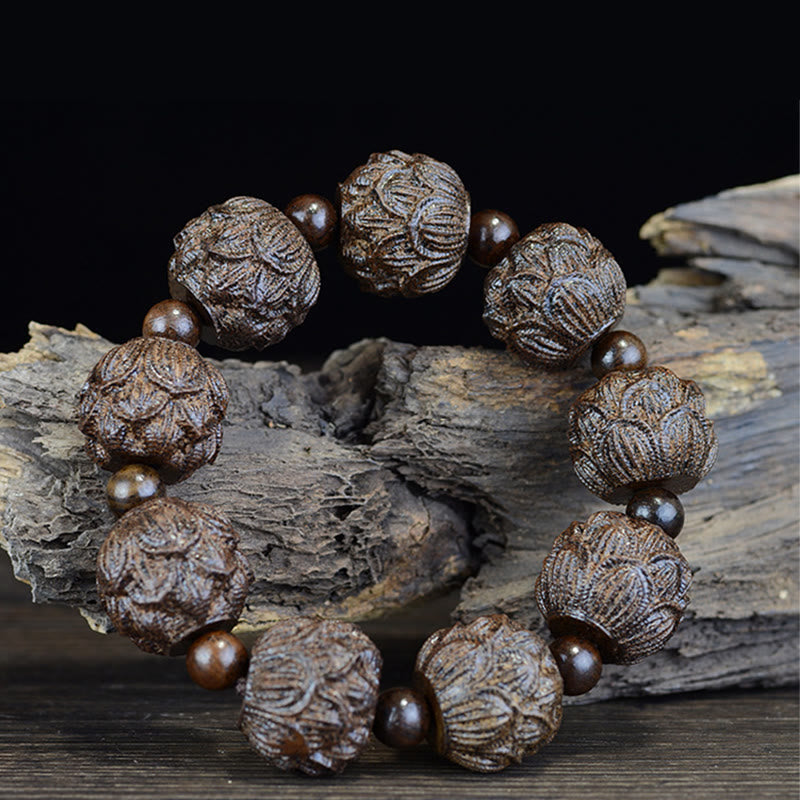 Buddha Stones Armband van ebbenhout met achttien arhats, lotus en draak. - image 3