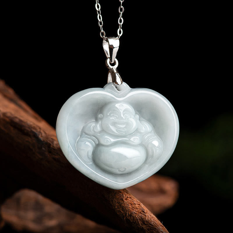 Buddha Stones Lachende Boeddha hanger van witte jade met gelukssymbool en titanium stalen Ketting . - image 5