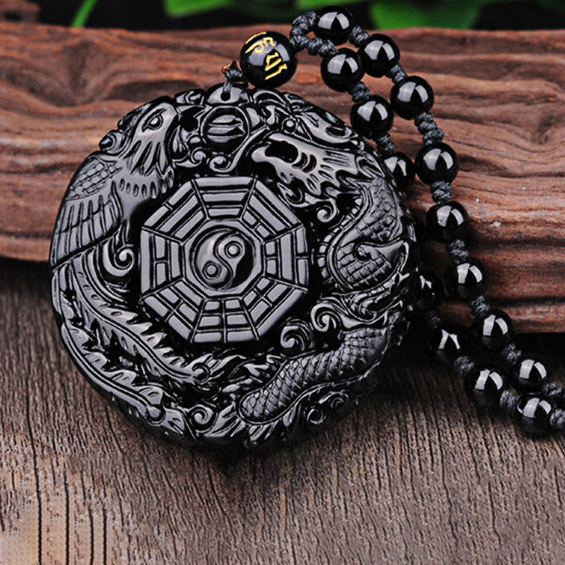 Buddha Stones Bagua Draak Feniks Obsidiaan Vervulling Hanger Ketting - image 9