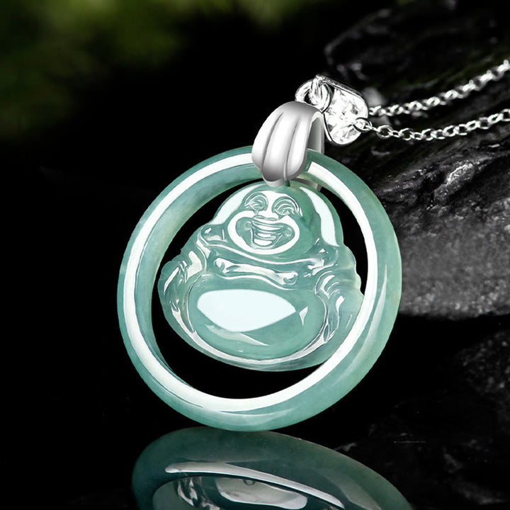 Buddha Stones Ketting met hanger van natuurlijke jade, ronde lachende Boeddha en titanium stalen ketting ter ere van overvloed. - image 2