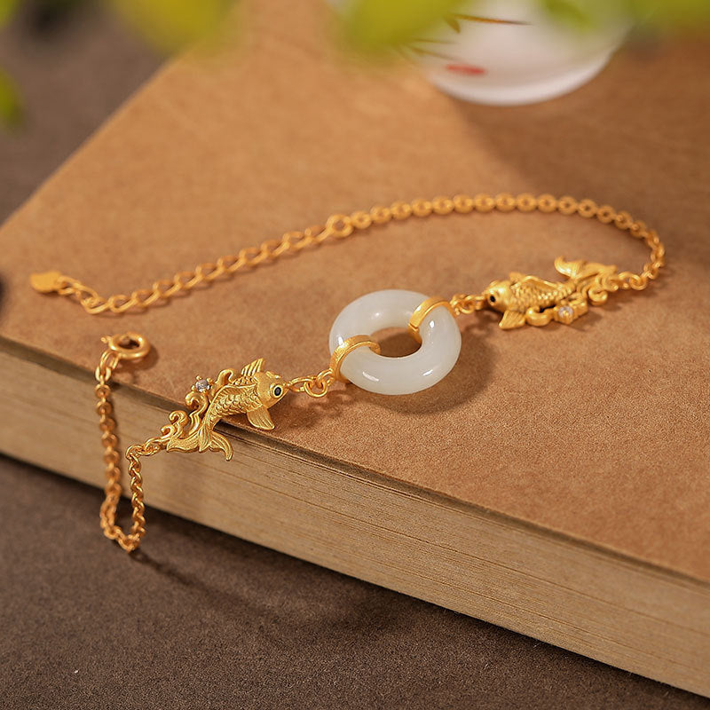 Buddha Stones Witte jade Armband met koi-vis als symbool van voorspoed - image 1