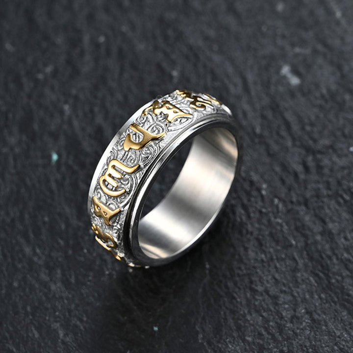 Buddha Stones Om Mani Padme Hum Balance Calm Titanium Steel Ring - image 0