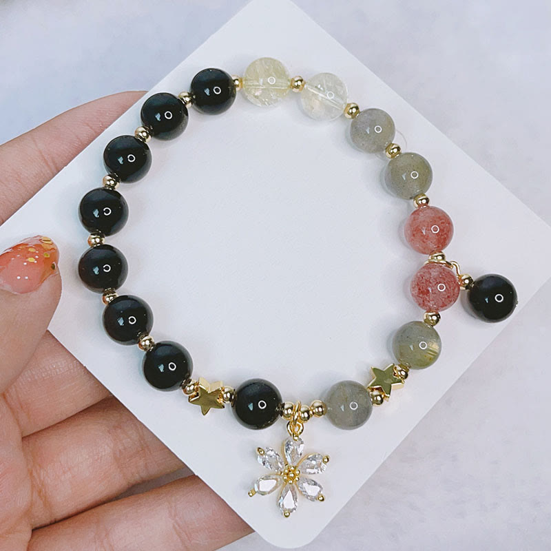 Buddha Stones Armband van obsidiaan met natuurlijke zilverglans, hart, ster en bloem. - image 11