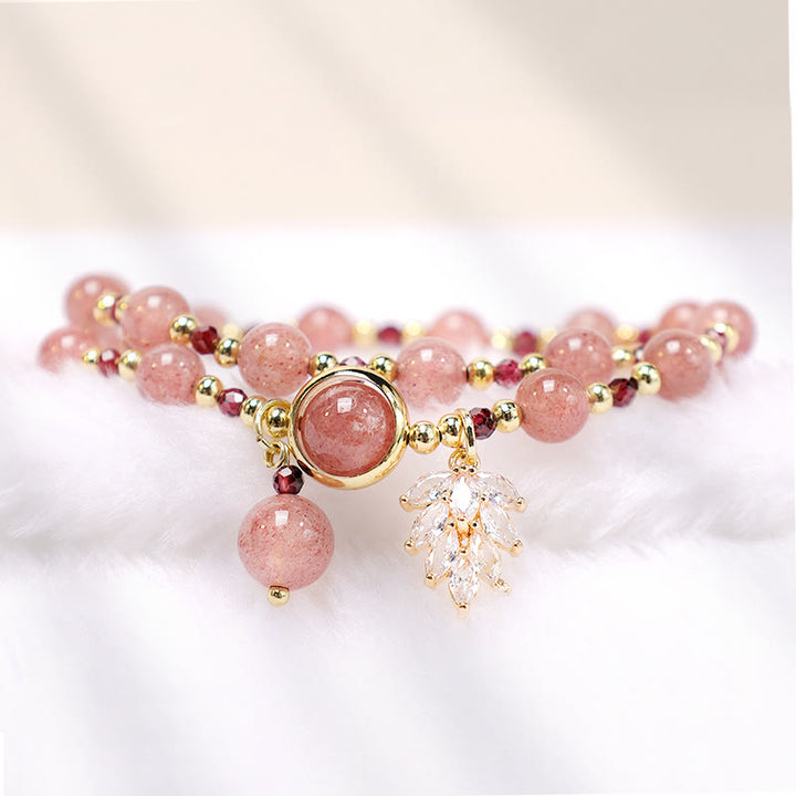 Buddha Stones Armband met dubbele wikkeling, bedeltje van natuurlijk aardbeikwarts, liefdesgenezing en esdoornblad. - image 3