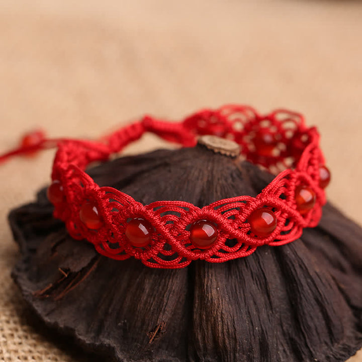 Buddha Stones Rode agaat Armband met rood koord, symbool voor zelfvertrouwen. - Rode agaat &amp; rood koord (Polsomtrek 15-20 cm) - image 0