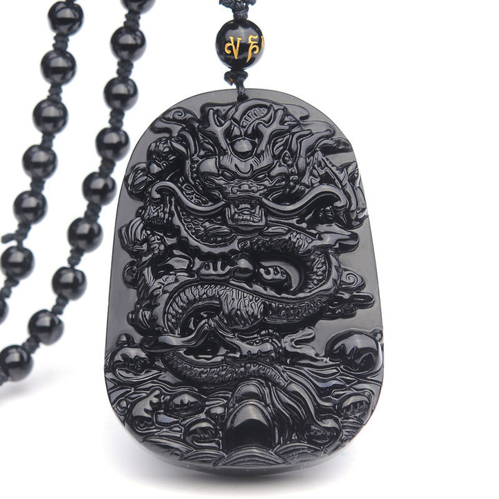 Buddha Stones Ketting met draak en symbool van vervulling van zwarte obsidiaansteen - Obsidiaan - image 0