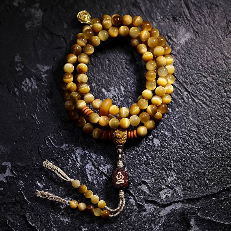 Buddha Stones 108 Mala kralen, natuurlijke tijgeroog, koperen Dorje beschermingsarmband met Armband - 6mm - Tijgeroog - Zonder koperen Dorje - image 0