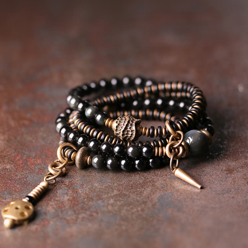 Buddha Stones Regenboog Obsidiaan Ebbenhout Koper Positieve Meerlaagse Armband - 18 cm - image 0