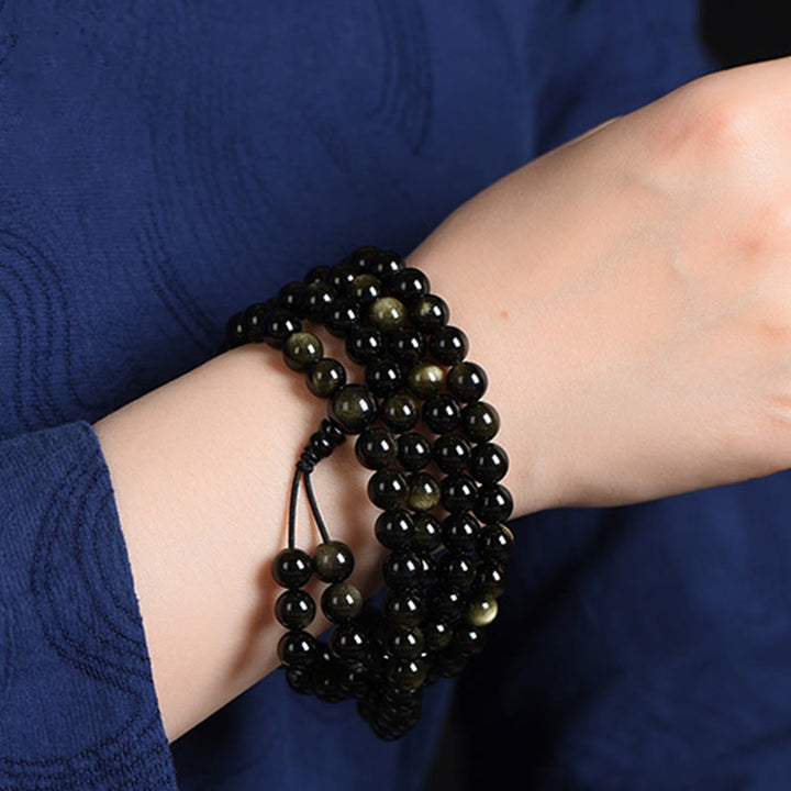 Buddha Stones 108 Mala kralen, natuurlijke goudglans obsidiaan, rijkdom Armband - image 6