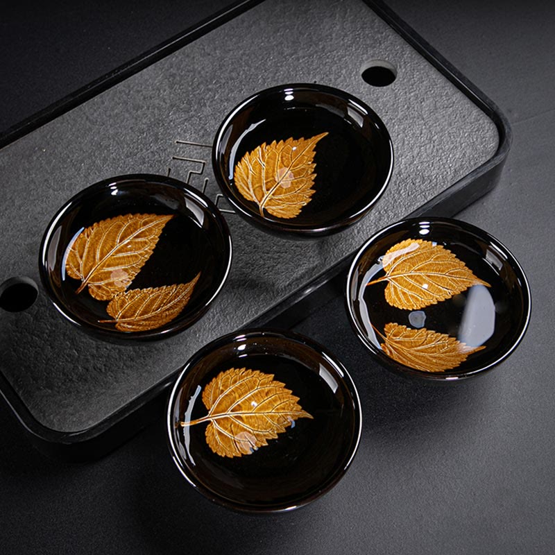 Buddha Stones Gouden esdoornblad Chinese Jianzhan keramische theekop Tenmoku Kung Fu Theekopje - image 1