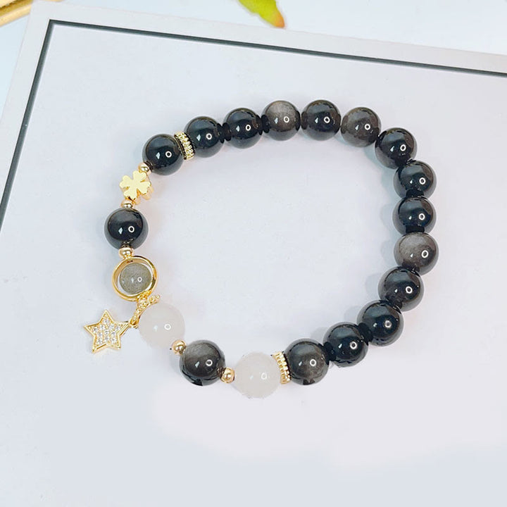 Buddha Stones Armband van obsidiaan met natuurlijke zilverglans, hart, ster en bloem. - image 7