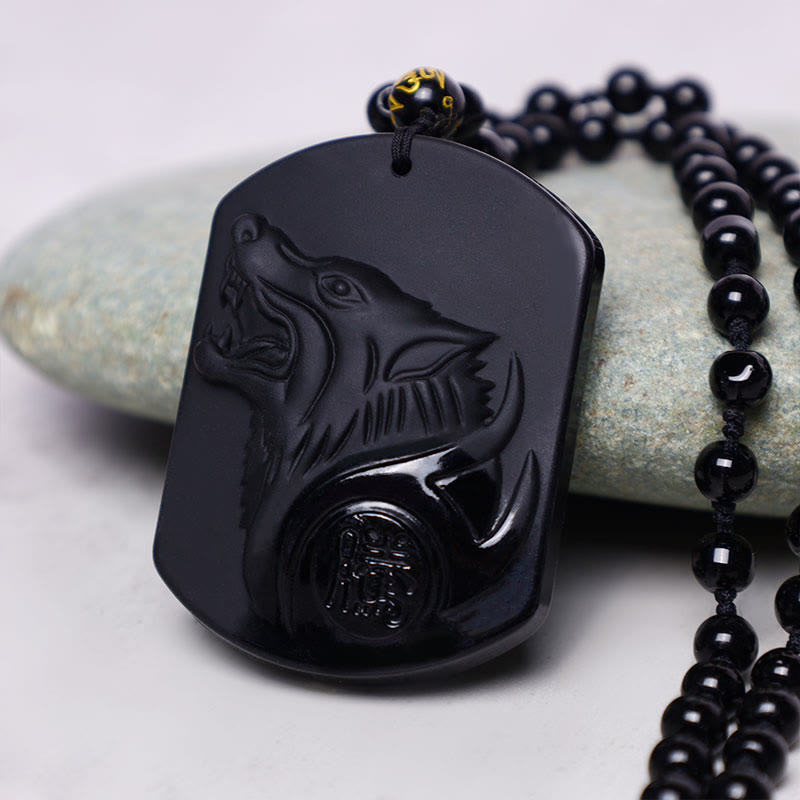 Buddha Stones Ketting met wolfmotief van zwarte obsidiaansteen - image 5