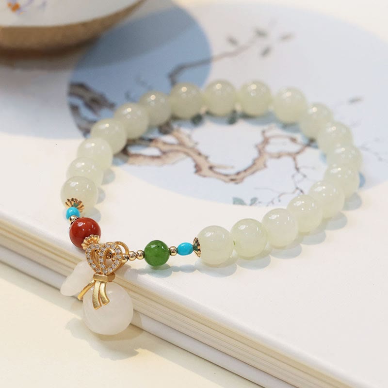 Buddha Stones Natuurlijke Hetian witte jade, 14 karaat verguld, geldzakje/ Armband - Hetian Witte Jade (Bescherming♥Zegen) - image 0