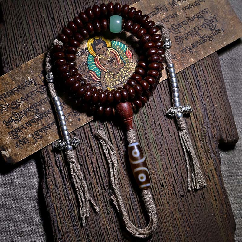 Buddha Stones Natuurlijke Tibetaanse Mala met 108 kralen, paarse bodhizaadkralen, drieoogige dzi-kralen en koperen dorje- Armband. - Paarse Bodhizaad Drieogige Dzi-kraal Koperen Dorje - 11 mm - image 0