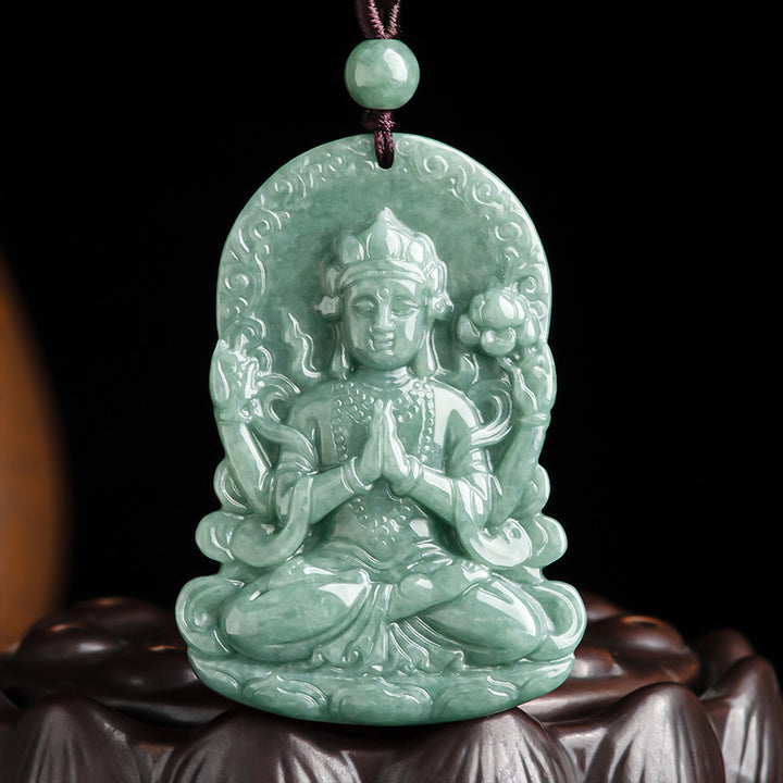 Buddha Stones Vierarmig Avalokitesvara amulet van natuurlijke jade met Ketting. - AVALOKITESVARA-SYMBOOL (Rijkdom ♥ Succes) - image 0