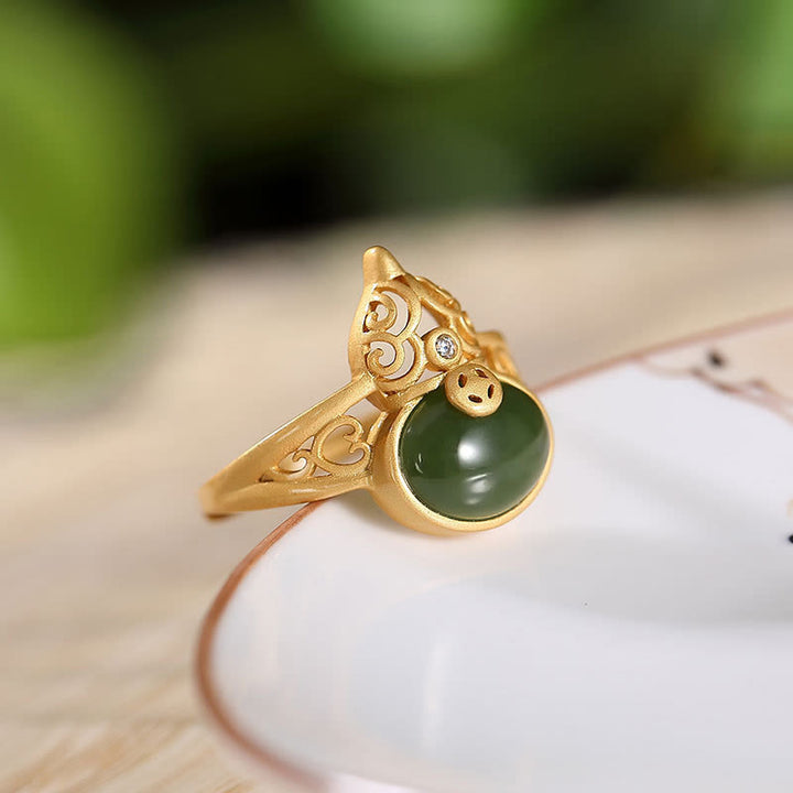 Buddha Stones Kalebas cyaan jade koperen munt succes geluk verstelbare Ring - image 2