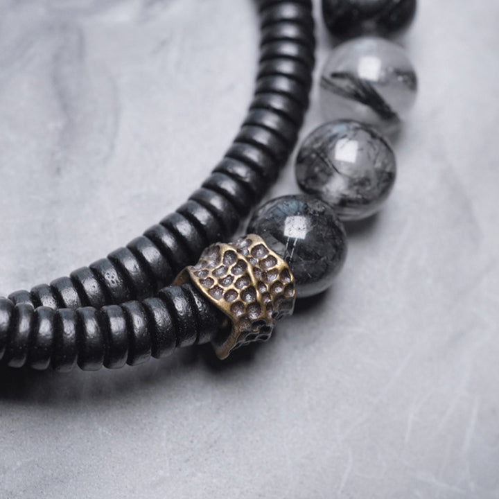 Buddha Stones Armband voor stellen met zwarte rutielkwarts, ebbenhout en koper, symbool van wijsheid. - image 9