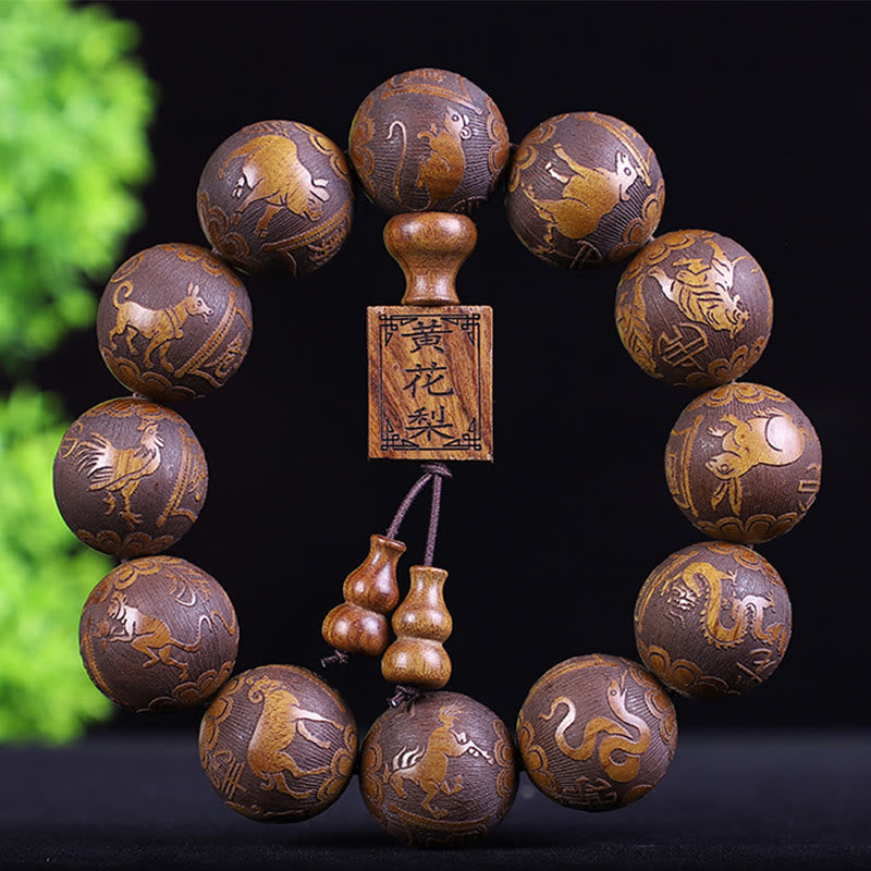 Buddha Stones Chinese dierenriem, palissander, ebbenhout, koperen munt, PiXiu, gesneden Armband - Palissander 12 Zodiac - image 0