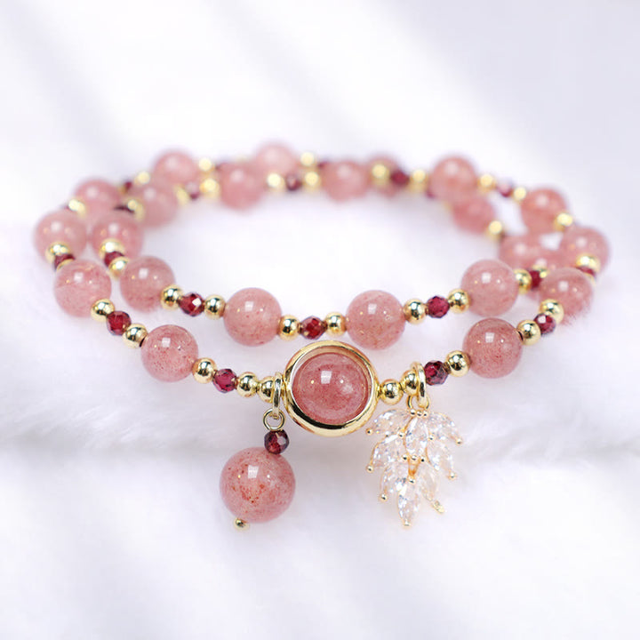 Buddha Stones Armband met dubbele wikkeling, bedeltje van natuurlijk aardbeikwarts, liefdesgenezing en esdoornblad. - image 2