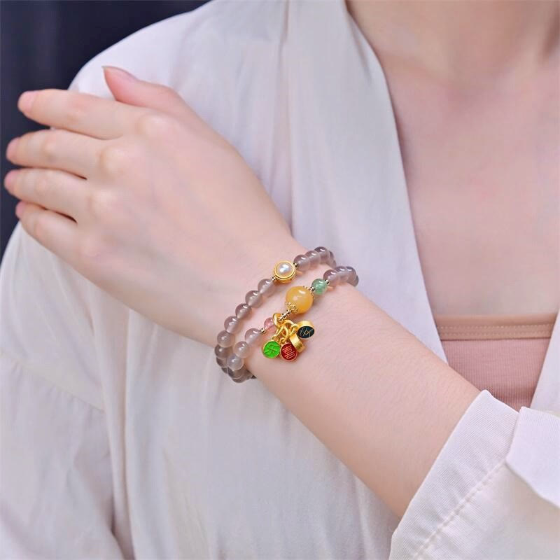 Buddha Stones Natuurlijke grijze agaat vredes- en vreugdebedel balans dubbele Armband - image 6