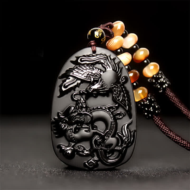 Buddha Stones Zwarte obsidiaan tijgeroog draak feniks bescherming kralen Ketting hanger - image 0