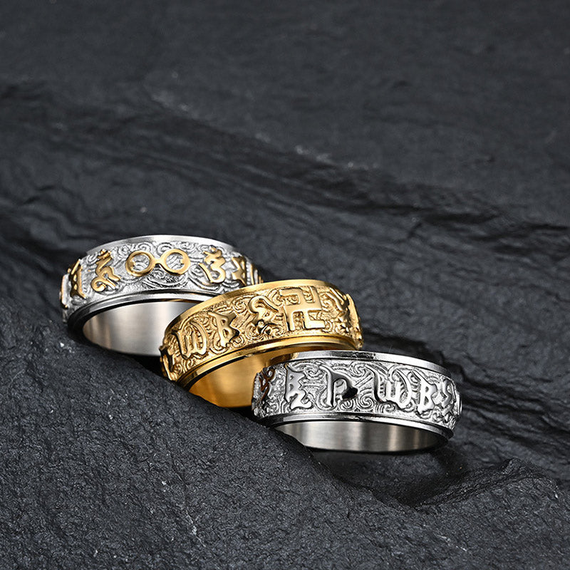 Buddha Stones Ring van titaniumstaal met de tekst "Zes Ware Woorden" voor Balans en Rust. - image 1