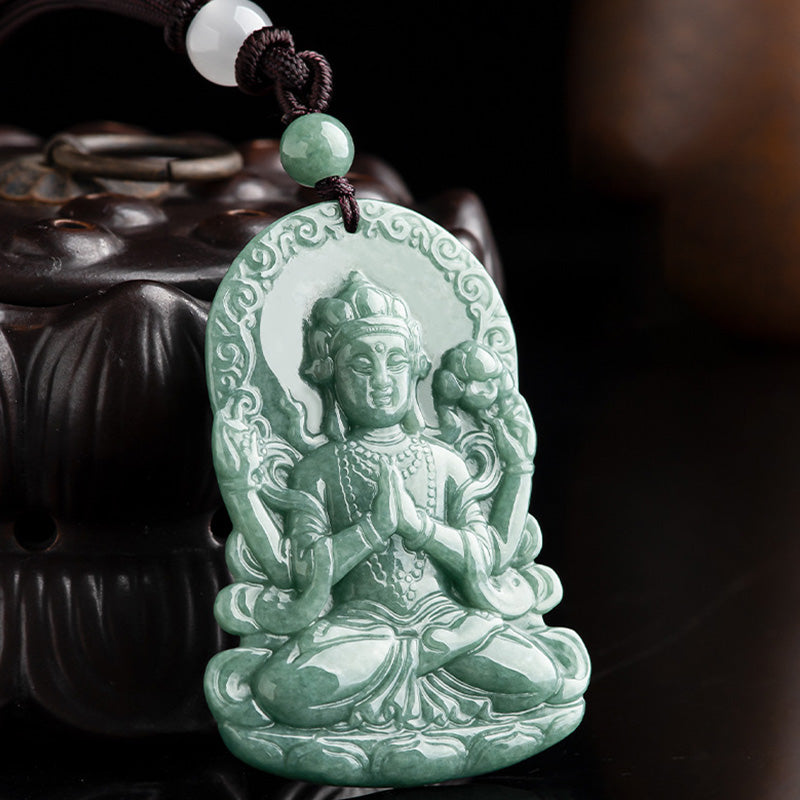Buddha Stones Vierarmig Avalokitesvara amulet van natuurlijke jade met Ketting. - image 4