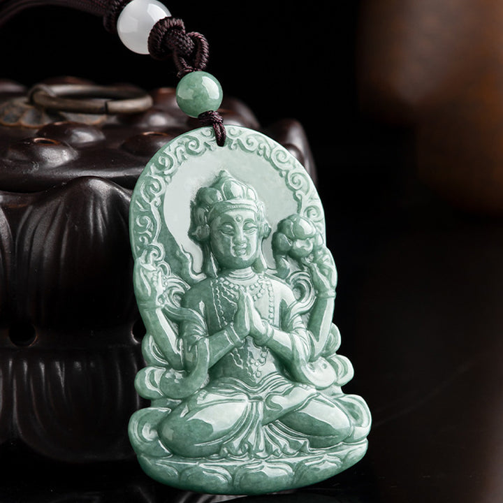 Buddha Stones Vierarmig Avalokitesvara amulet van natuurlijke jade met Ketting. - image 4