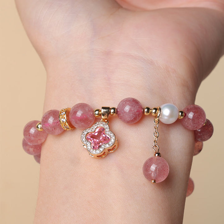 Buddha Stones Aardbeikwarts parel klavertje vier bedeltje helende Armband - image 3