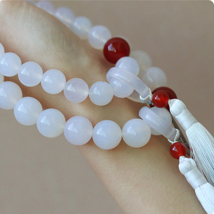 Buddha Stones Witte agaat, rode agaat, Pols Mala met kwastjes, Mala, autodecoratie - image 6