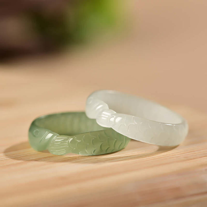 Buddha Stones Hetian Witte Jade Cyan Jade Koi Vis Succes Geluk Ring - image 0