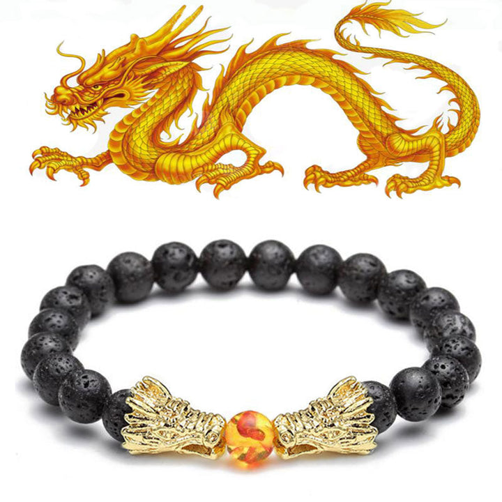 Buddha Stones Witte turkooizen lavasteen draak zegen Armband - Lavasteen &amp; Goud - image 25