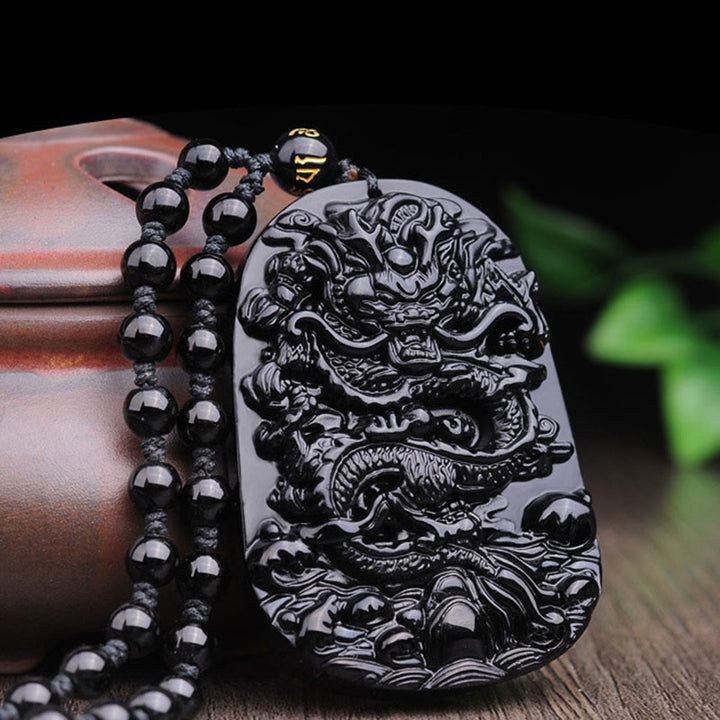 Buddha Stones Ketting met draak en symbool van vervulling van zwarte obsidiaansteen - image 6