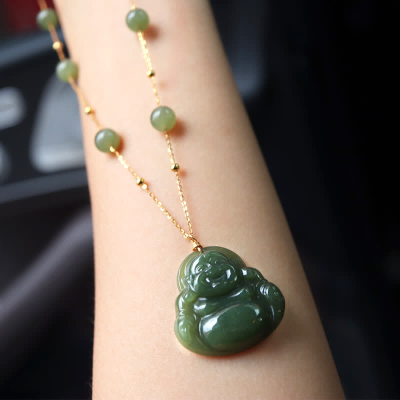 Buddha Stones Lachende Boeddha Hetian Jade Ketting met kralenhanger - image 2