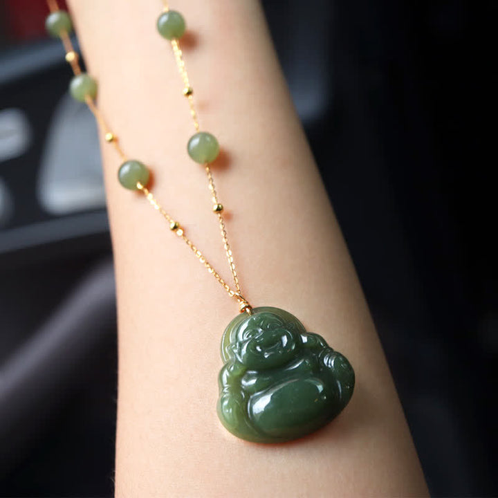 Buddha Stones Lachende Boeddha Hetian Jade Ketting met kralenhanger - image 2