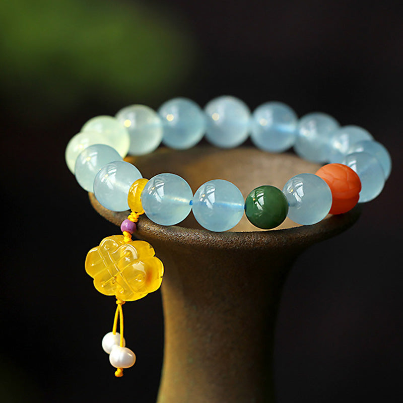 Buddha Stones Natuurlijke aquamarijn barnsteen Chinese knoop bedel Armband - Aquamarijn - image 0