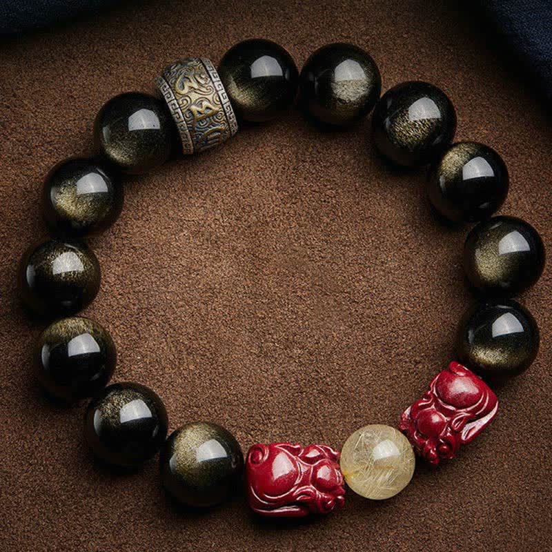 Buddha Stones Gouden glans obsidiaan PiXiu cinnaber Om Mani Padme Hum Armband - image 9