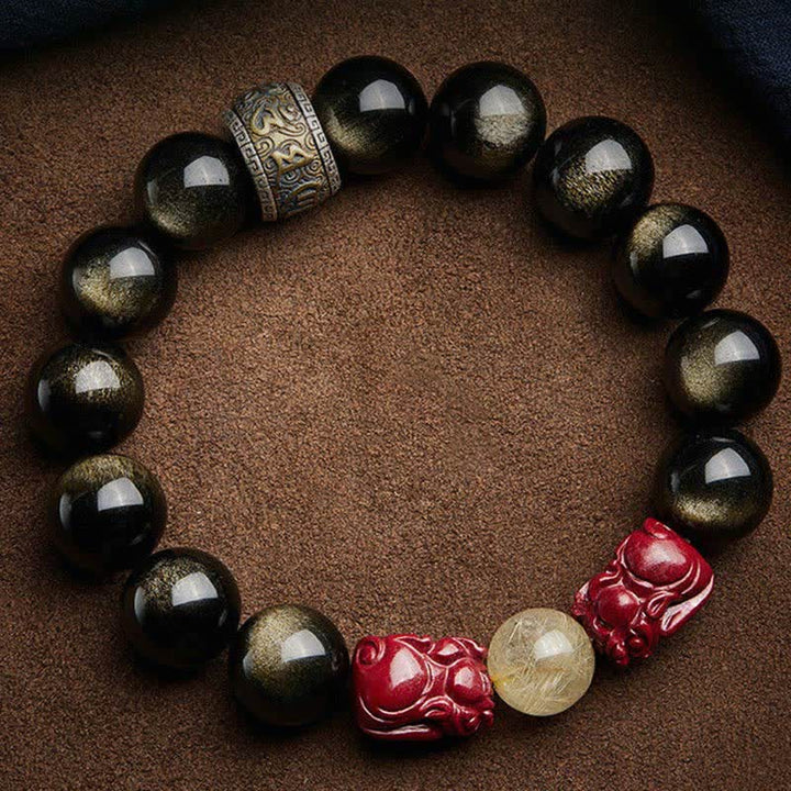 Buddha Stones Gouden glans obsidiaan PiXiu cinnaber Om Mani Padme Hum Armband - image 9