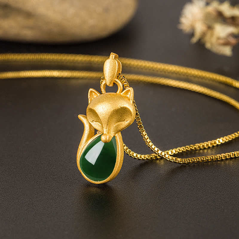 Buddha Stones Halskettinghanger met groene chalcedoon vossenpatroon en symbool voor moed - image 1