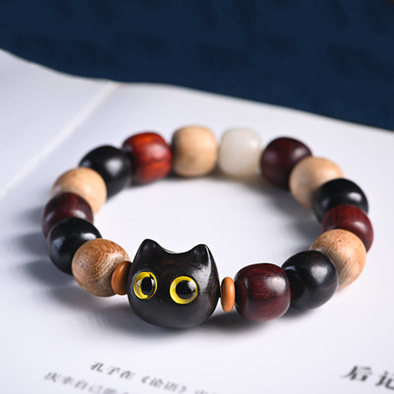 Buddha Stones Armband met kleine blaadjes, rood sandelhout, ebbenhout en schattige kat, gegraveerd ter bescherming - image 4