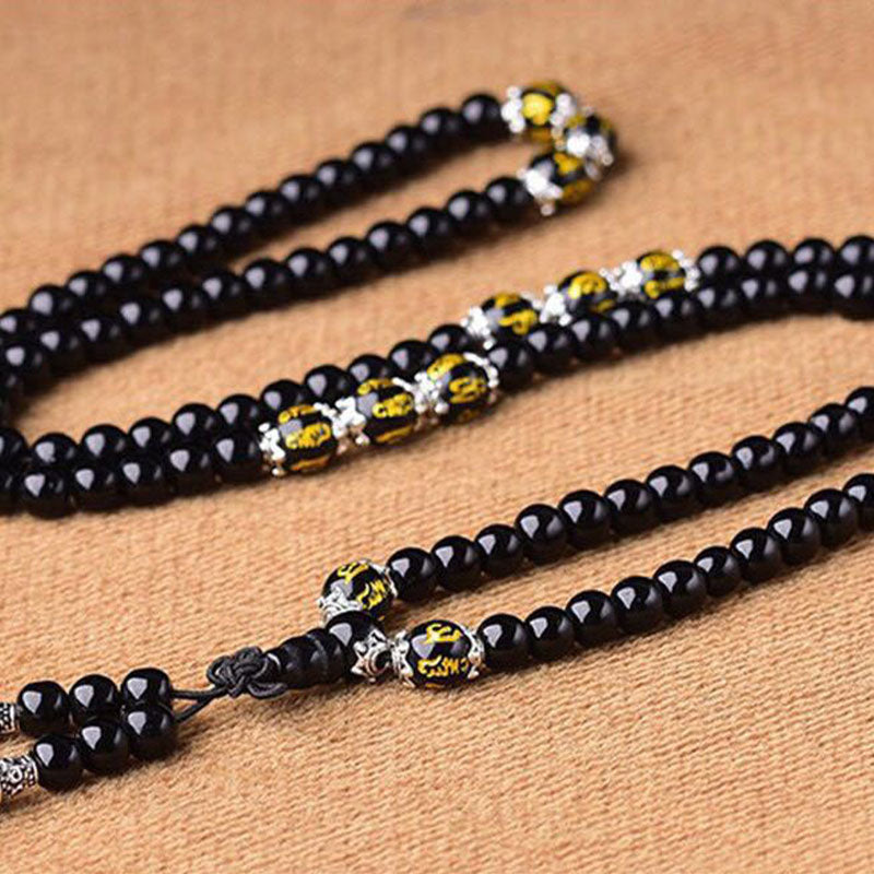 Buddha Stones Zwarte obsidiaan Mala Armband met de zes ware woorden ter bescherming - image 7
